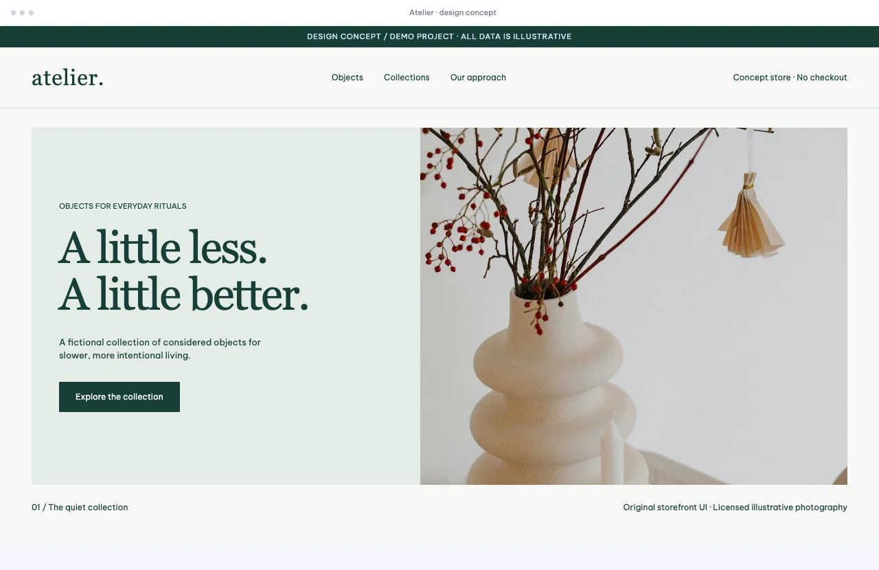 Atelier — illustrative storefront with lifestyle photography