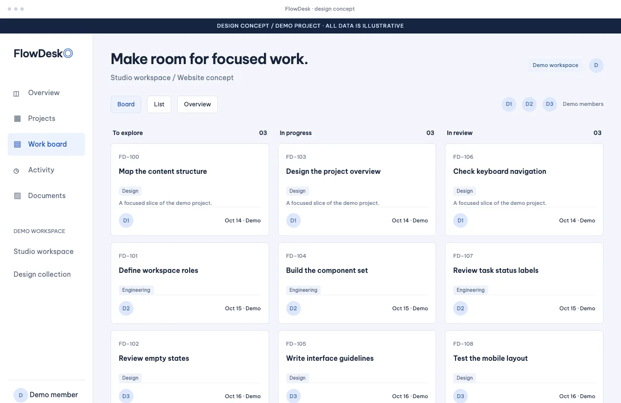 FlowDesk — bảng Kanban minh họa ba trạng thái công việc
